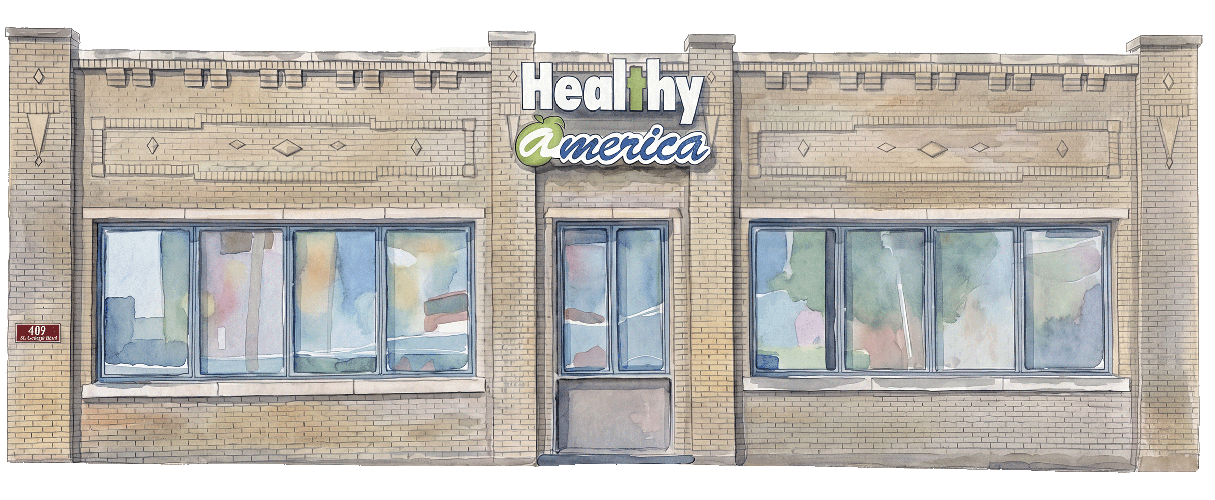 Healthy America building in watercolor